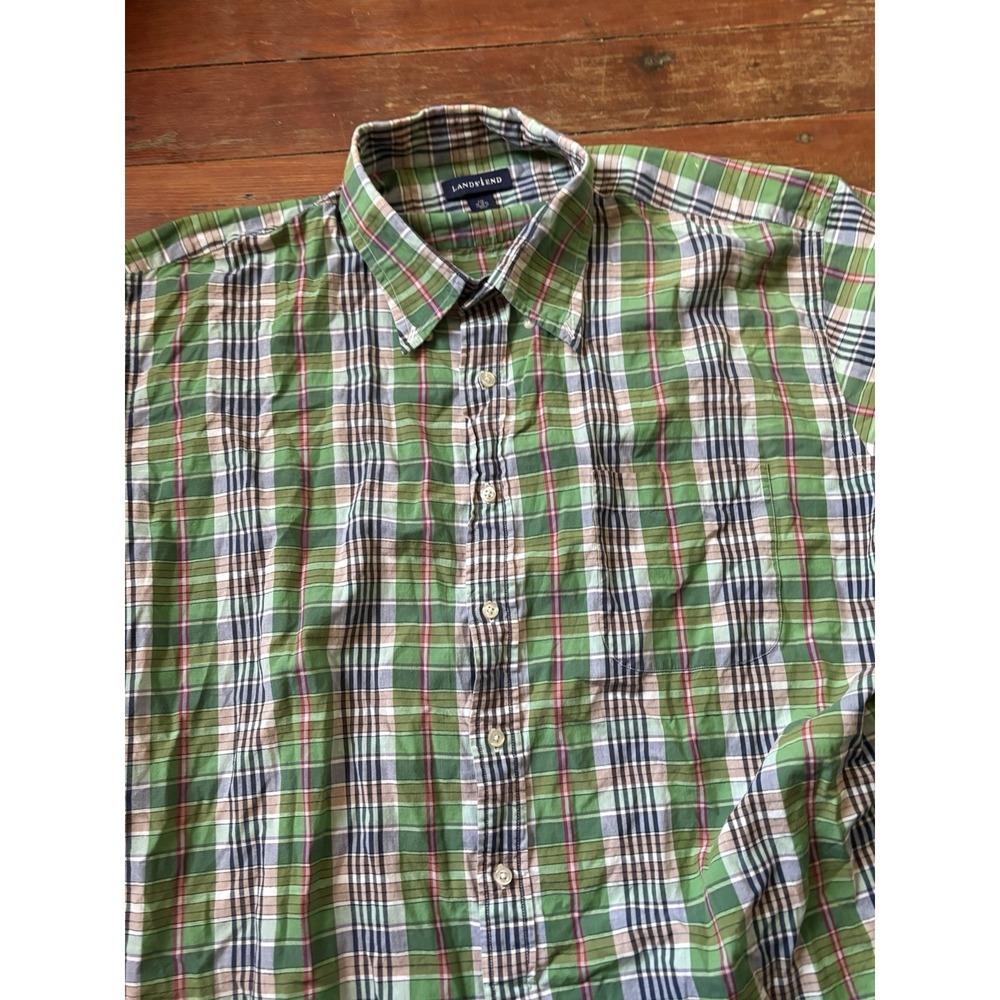 Lands End Mens 2XL Plaid Shirt Blue Green Short Sleeve Button Down Stretch